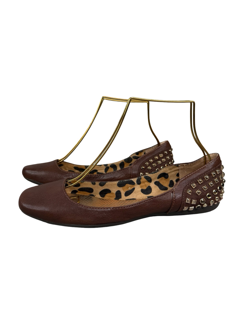 Gianni Bini Brown Leather Studded Ballet Flats with Leopard Print Lining Sz. 8.5